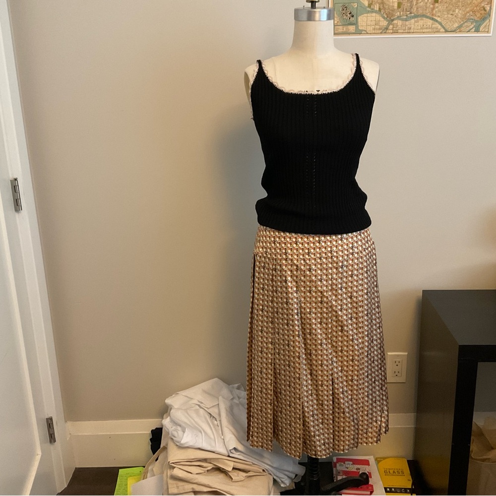 Tory Burch Tan and Cream Pleated Midi Skirt with Geometric Print